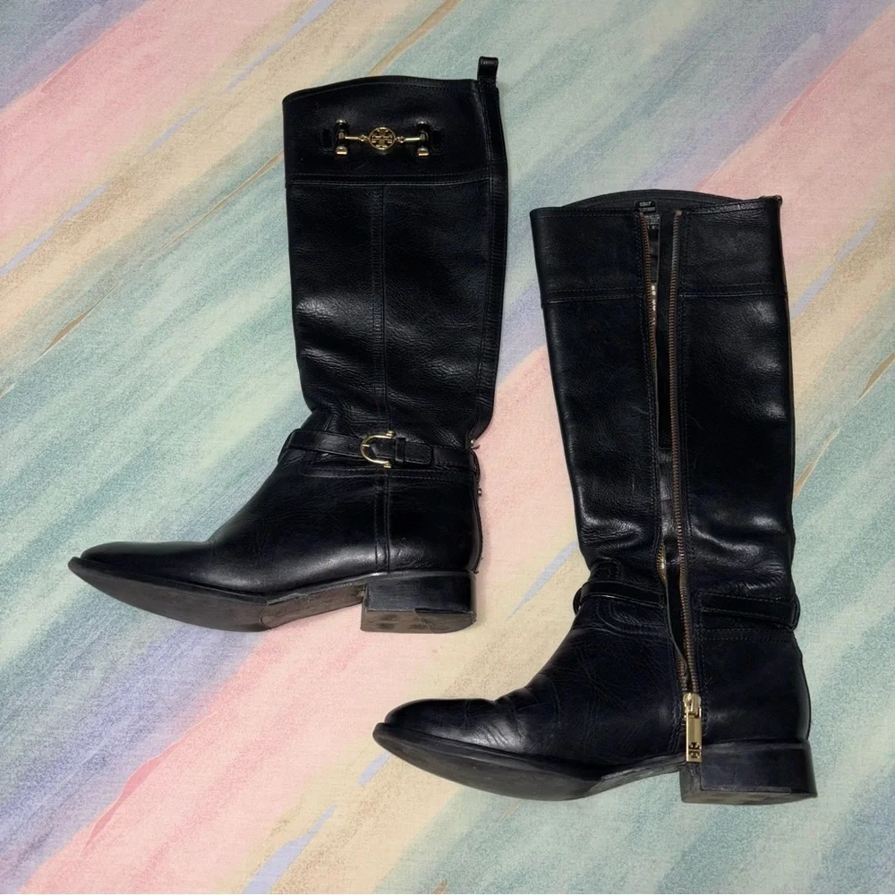 Tory Burch Nadine Riding Boots Black Leather 8.5